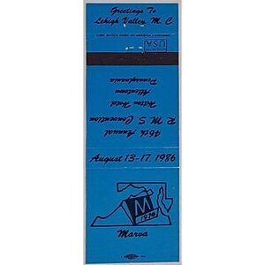 Vintage Matchbook Cover Marva MC RMS 1986 Lehigh Valley PA Convention Blue